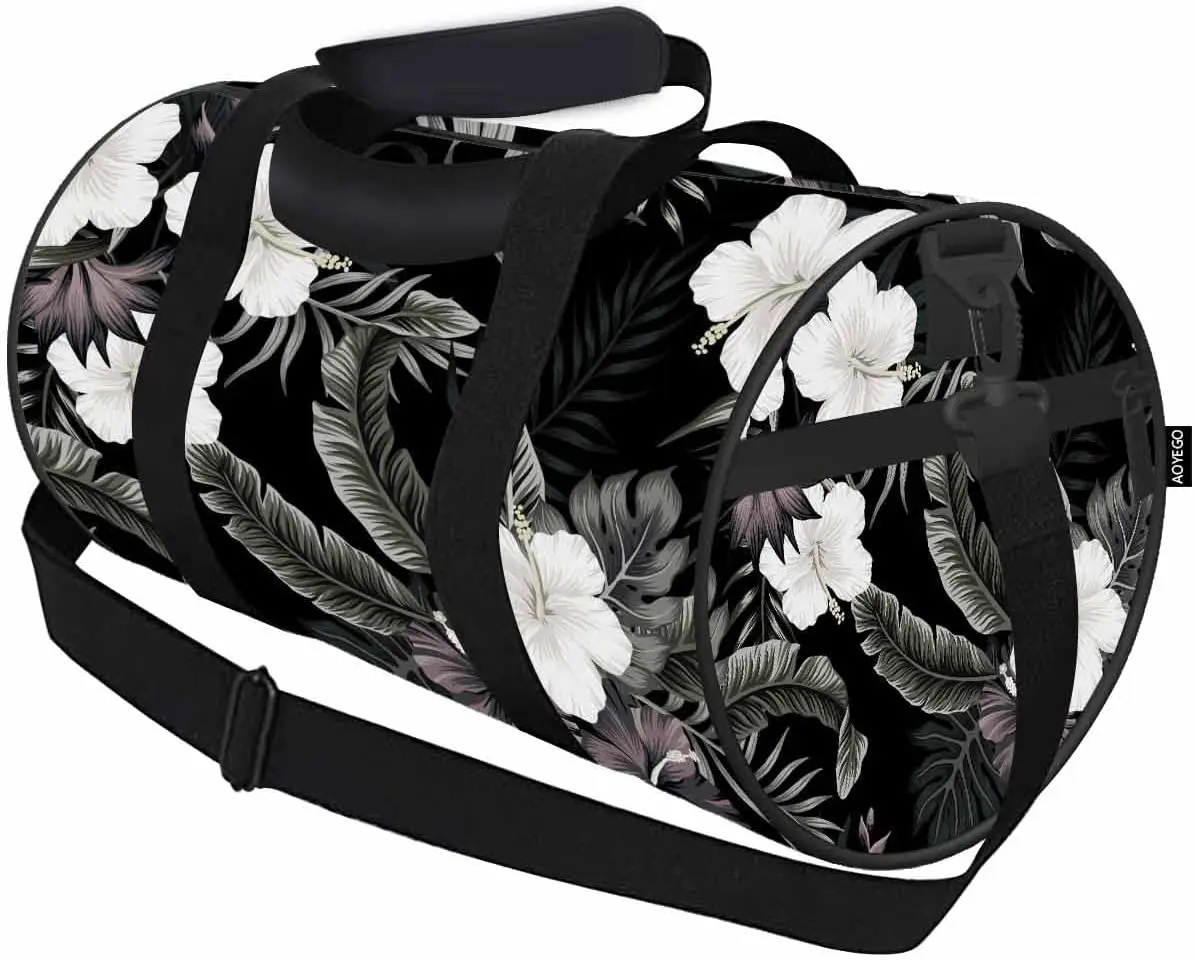 

Hibiscus Flower Sports Duffle Bag Tropical Vintage Dark White Floral Palm Leaves Exotic Jungle Shoulder Bag Travel Tote Gym Bag