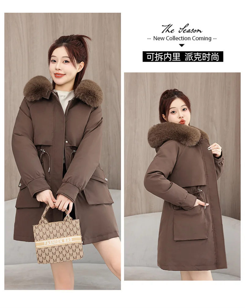 2026 New Winter Coat Down Padded Jacket Women Parkas Fur Collar Thick Hooded Cotton Coats Black Casual Outerwear Female Clothes