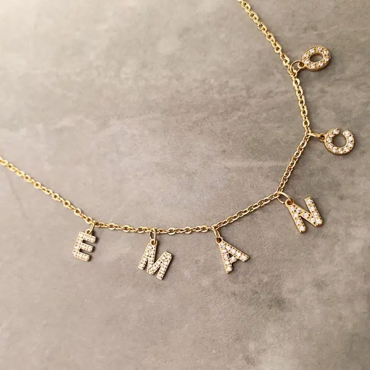 EMANCO Customized Name Necklace Personalized Zircon Letter Stainless Steel Choker Necklace Pendant Nameplate Gift Dropshipping