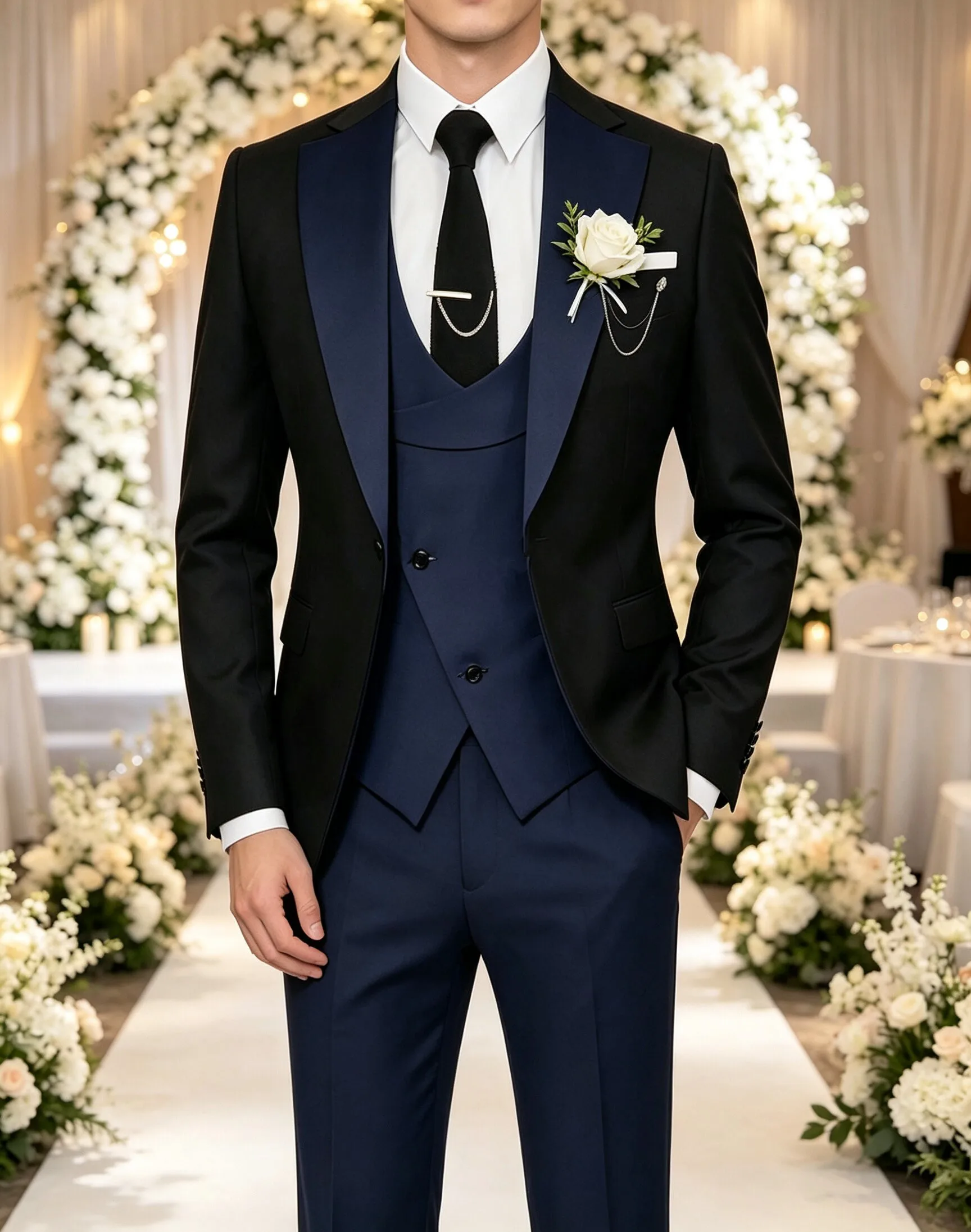 Herren zweifarbiger lässiger 3-teiliger Anzug, Slim Fit, einreihiger Blazer, Weste, Hose, modisches Outfit für Dates, Treffen und Streetwear – Detail 7