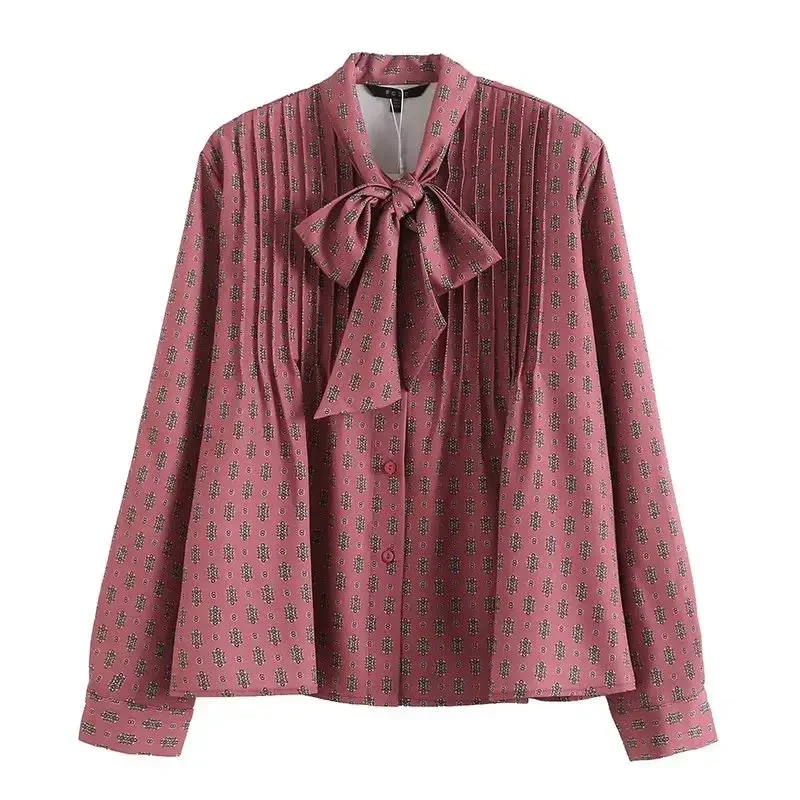 

Women's 2023 Fashion Temperament Joker Printed Bow Tie Pleated Design Blouses Retro Long-sleeved Button Blouses Chic Tops.