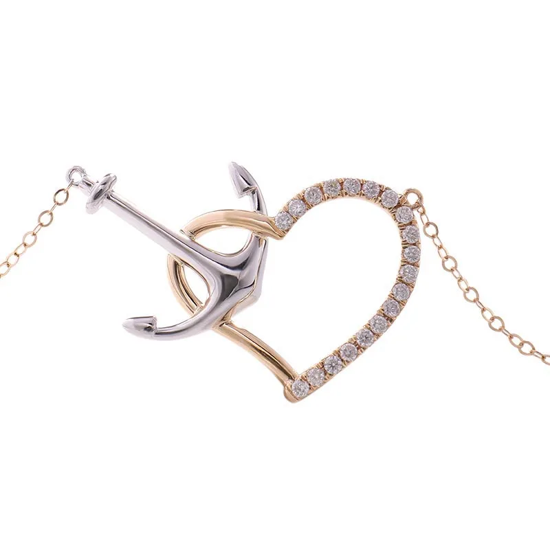 Provence Solid 18K White Anchor and Yellow Heart with GRA Certified Little Round Stones Trendy Romantic Jewelry With Chains