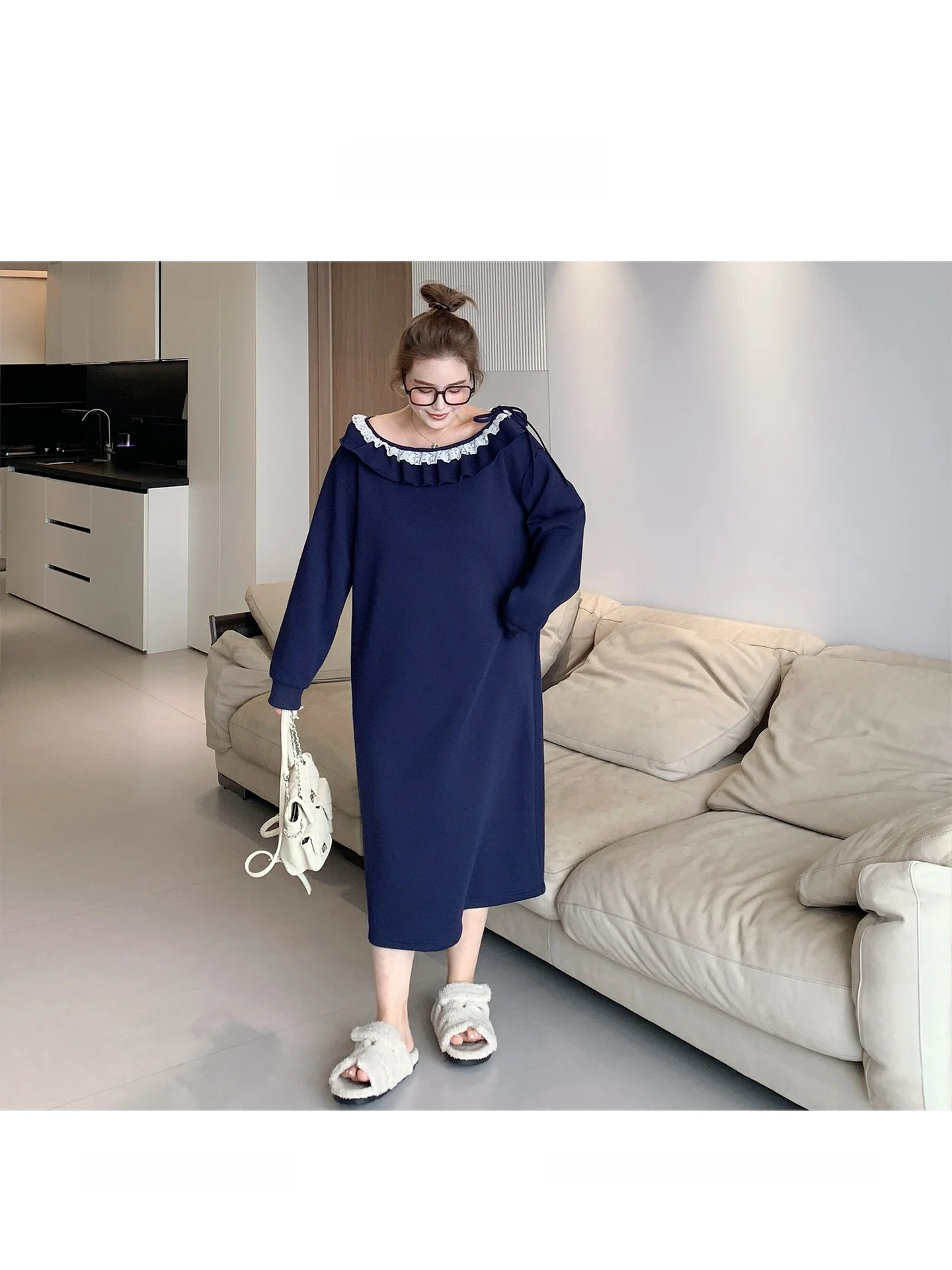 

Зимнее платье больших размеров с кружевной отделкой, на флисовой подкладке, свободного кроя, женское, синее, А-силуэт, с длинными рукавами, с завышенной талией, для повседневной носки