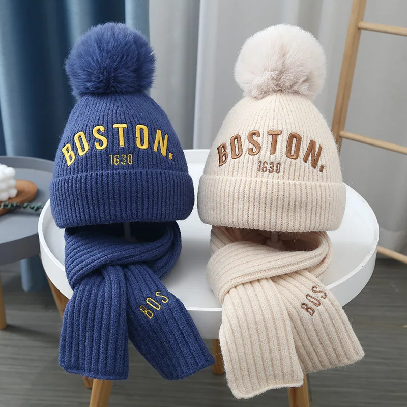 2-piece set Baby Hat Scarf Set Cute Pompom Winter Woolen Knitted Warm Beanie Kids Boys Girls Cartoon Bear Crochet Cap Scarves