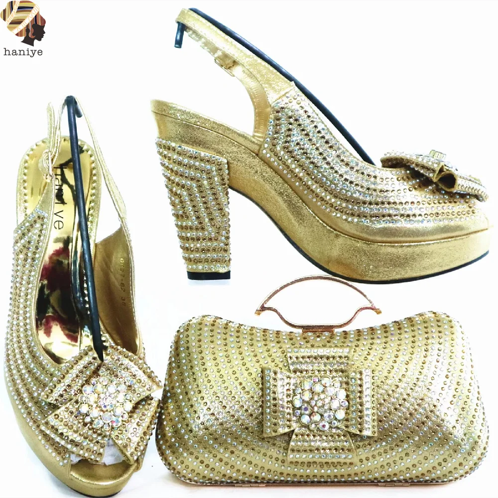 Top Selling African Wedding Shoes and Bag Set Decorated with Rhinestone Womens Shoes Heels