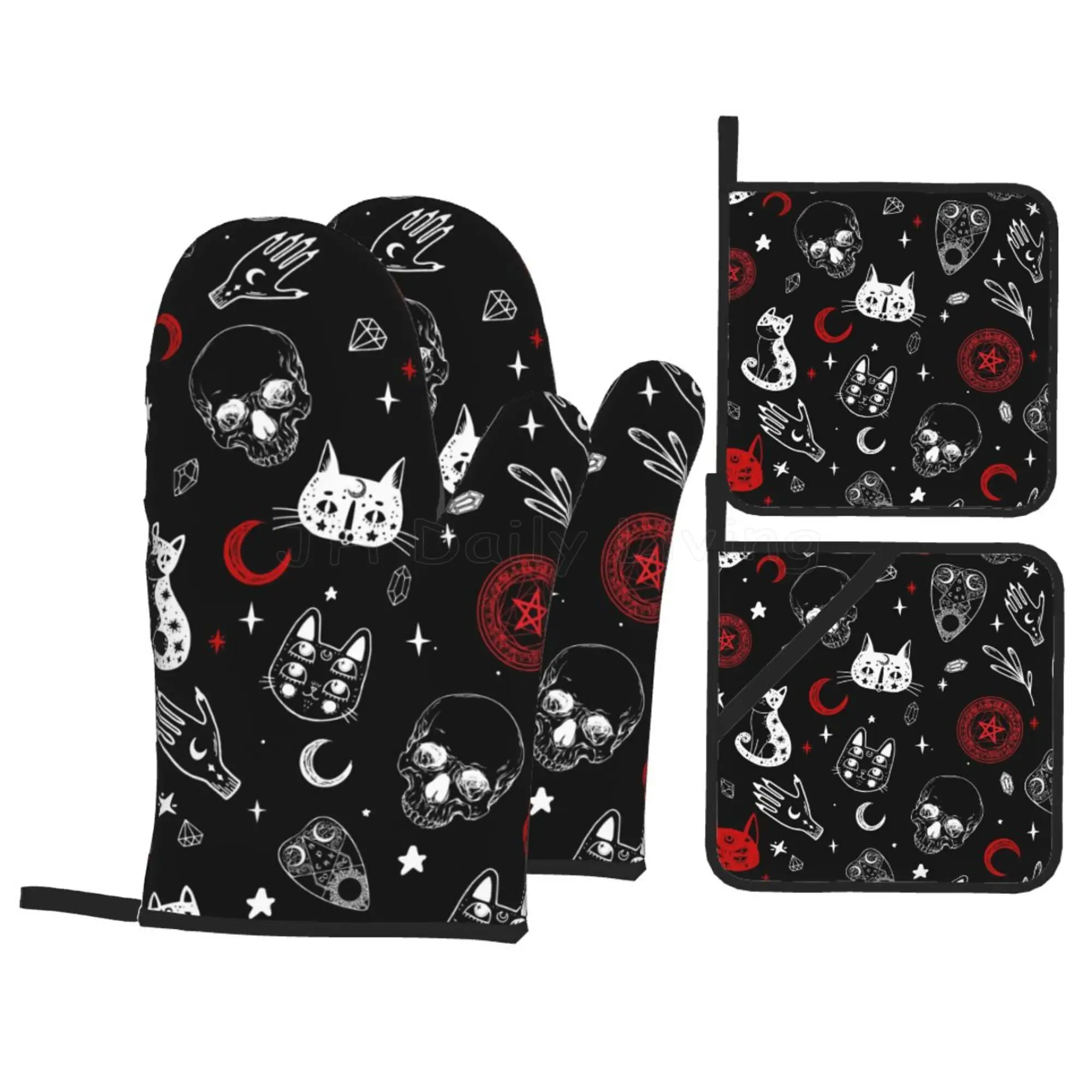 Black Goth Witch Skull Moon Divination Oven Mitts and Pot Holders Sets of 4 Heat Resistant Oven Mitts for Kitchen Cooking BBQ