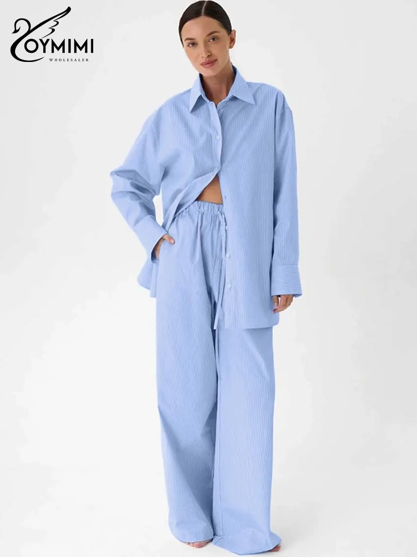 

Oymimi элегантный синий хлопковый женский комплект из двух предметов, модные однобортные рубашки с длинными рукавами и принтом, комплекты брюк на шнурке