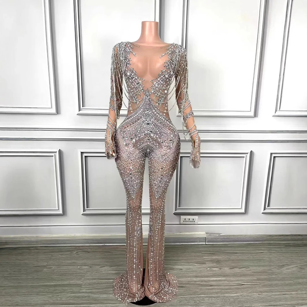 

Women's Sexy V-Neck Performance Wear Pearls Tights Bodysuit Singer Dancer Stage Nightclub Luxury Gemstones Elastic Mesh