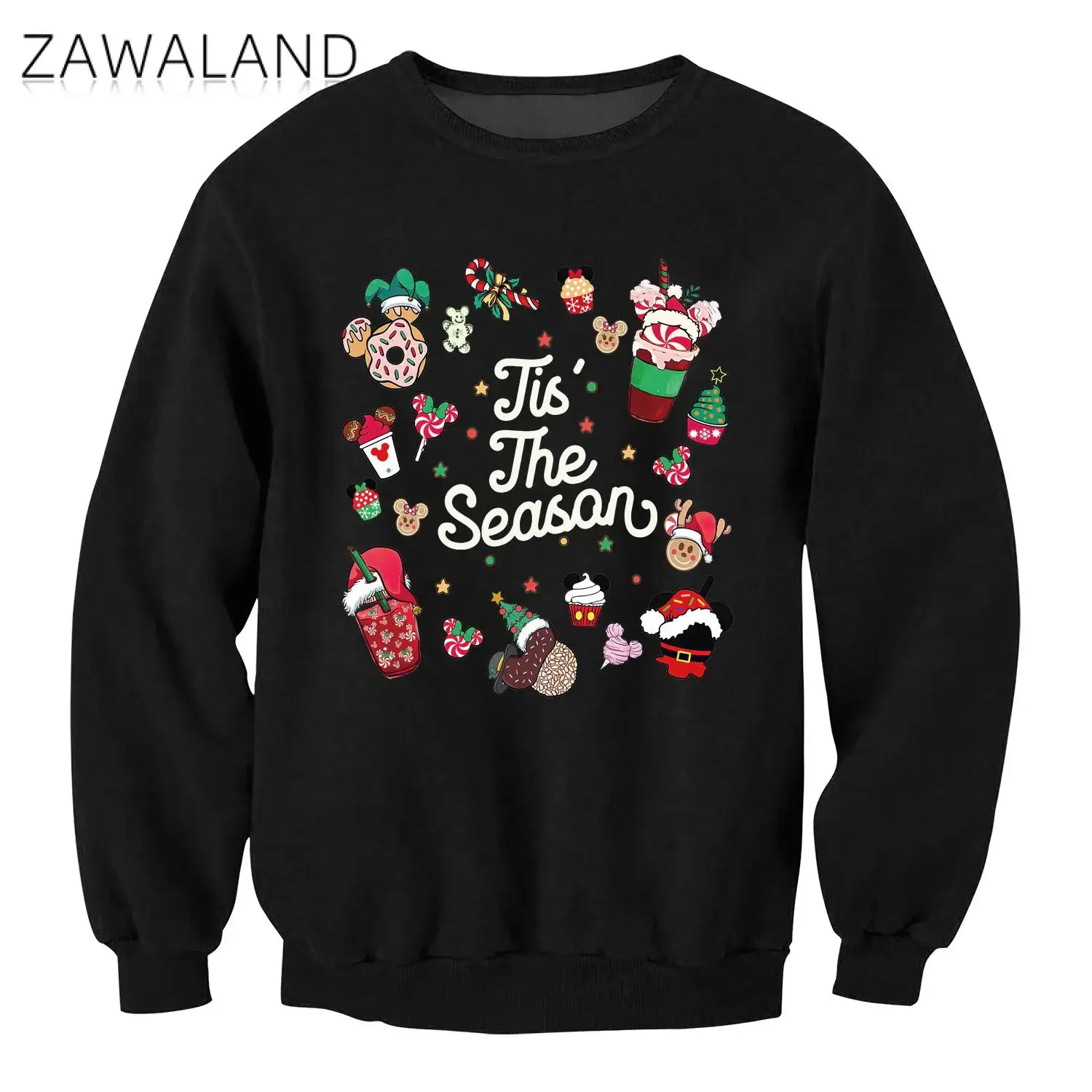 

Zawaland Men Hoodies Funny Santa Claus Guitar Print Tops Black Crewneck Sweatshirt Christmas Cosplay Costumes Pullover