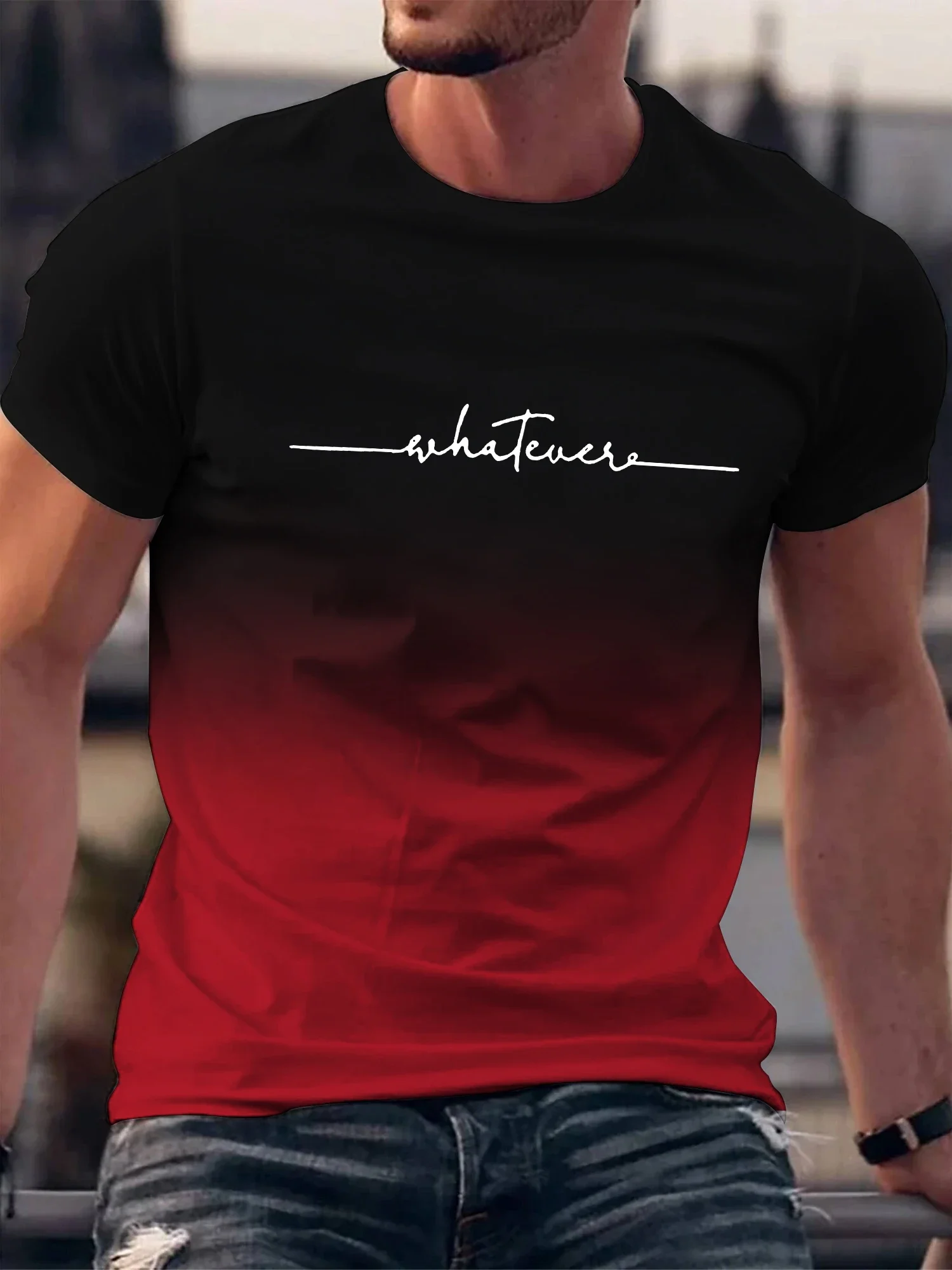 Summer Outing Whatever Print Gradient Crew Neck T-shirt For Men Trendy Casual Short Sleeve Top Men's Tee ropa de hombre