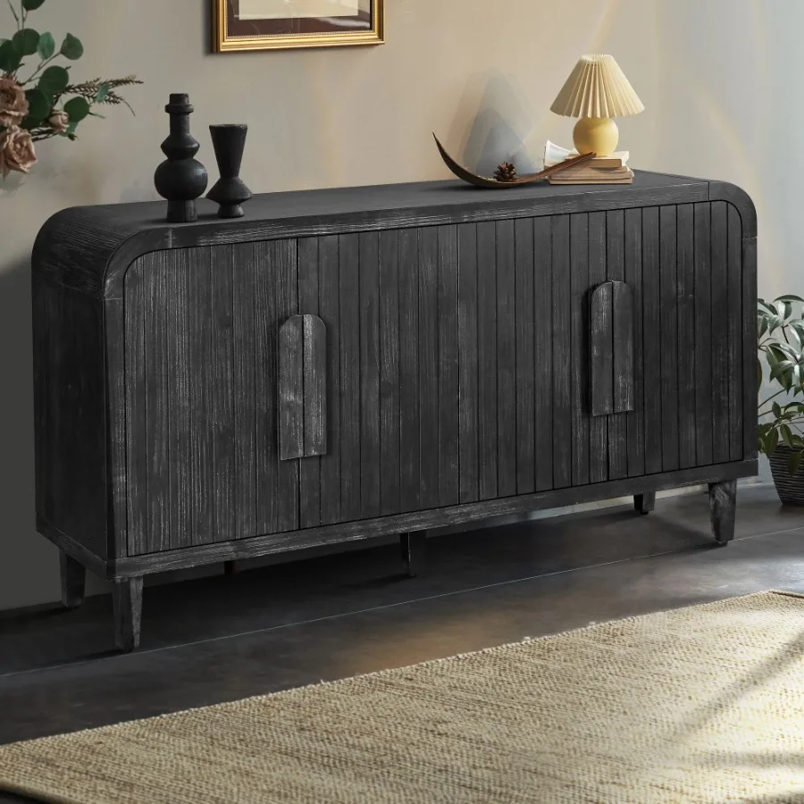 

59'' Farmhouse Curved Vintage Storage Sideboard with Large Wooden Handles Vertical Wood Grain Carving and Adjustable Shelves fo
