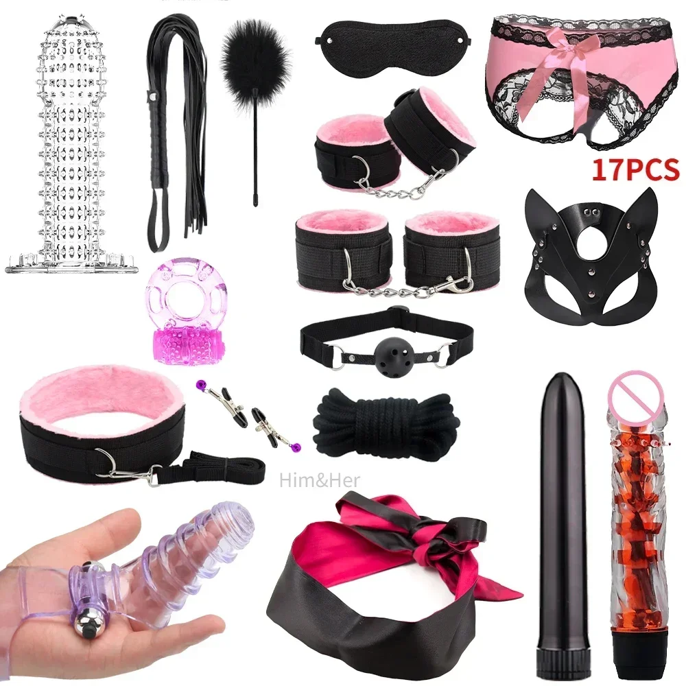 Sex Toy BDSM Kits Plush Bondage Set Handcuffs Sex Games Whip Gag Nipple Clamps Toys for Couples Exotic Accessories Adult +18