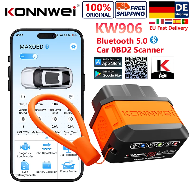 Image of 2026 KONNWEI KW906 ELM 327 V1.5 OBD2 Auto-Diagnosegerät für das Motorsystem Bluetooth 5.0 Scanner für Android/iOS Codeleser Pic18F25K80 Kostenloser Versand