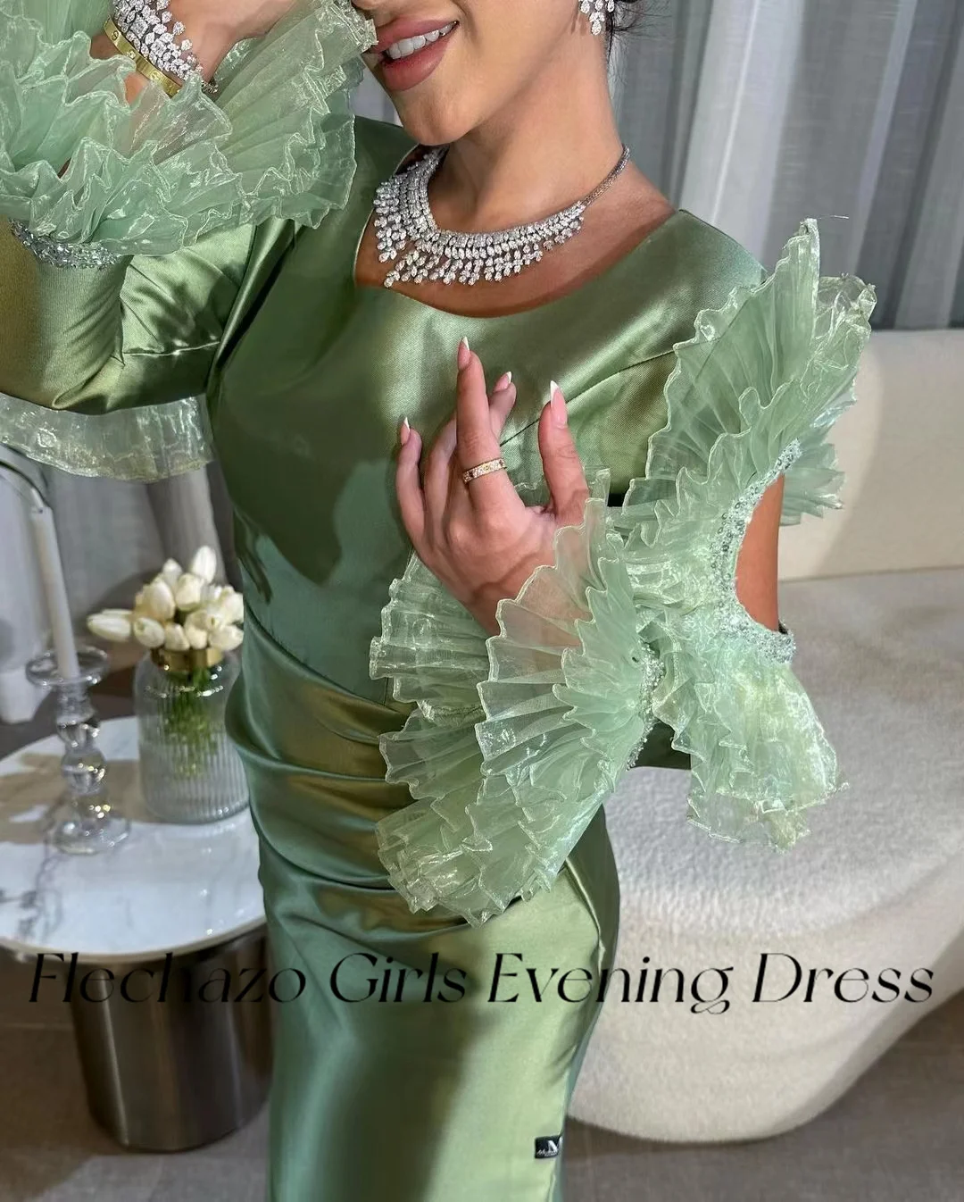 Flechazo Green Evening Dresses O Neck Tiered Sleeve Beading Ankle-Length Formal Party Dress For Women 2024 vestidos para eventos