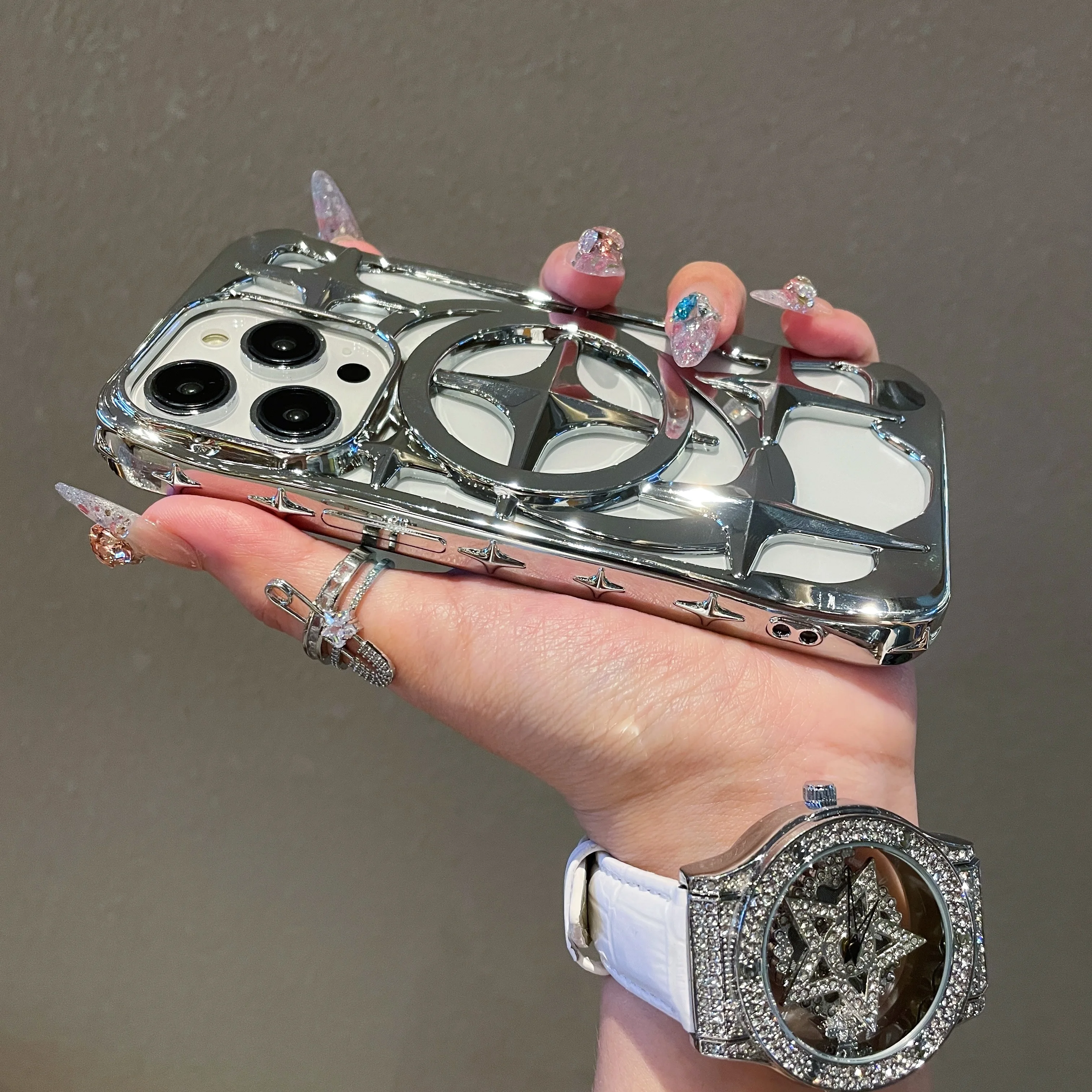 Überzug 3D Stern Muster Hohl Design Fall Für iPhone 16 15 14 13 12 Pro Max Plus Magnetische Für Magsafe Stoßfest Soft Cover