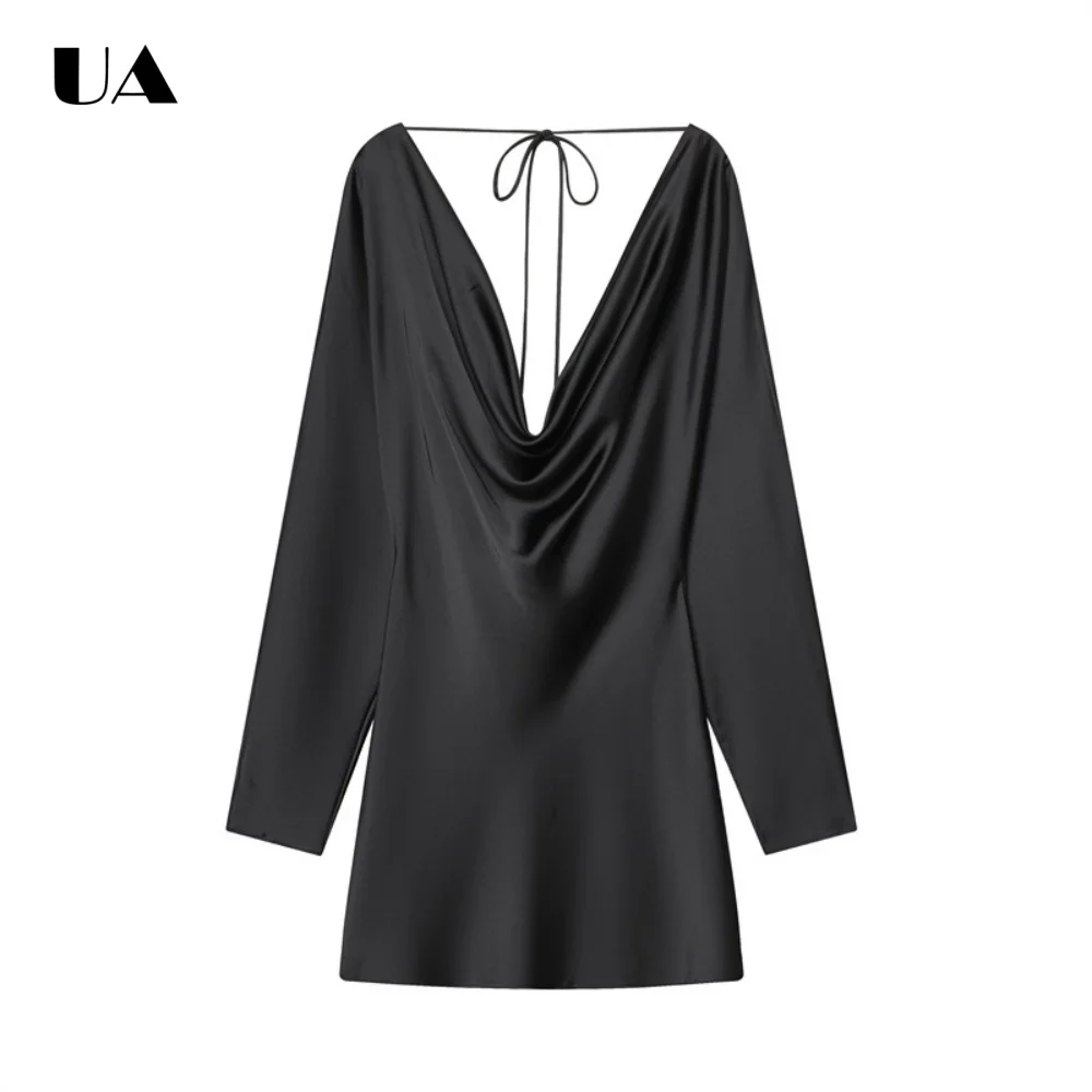 

Trendy A-line Lace-up Draped Mini Dress with Long Sleeves, Commuter Style Deep V-neck Short Dress, Fashionable Solid Dress