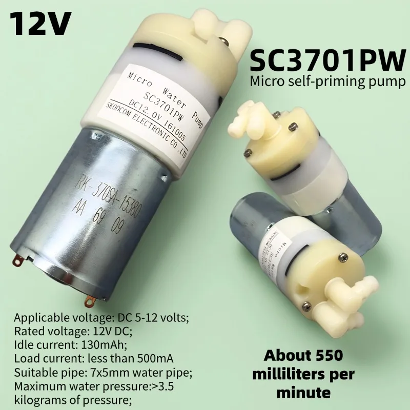 SC3701PW 12V DC Micro Self-Priming Water Pump 550ml/min High Flow Low Noise for Aquarium Cooling Irrigation