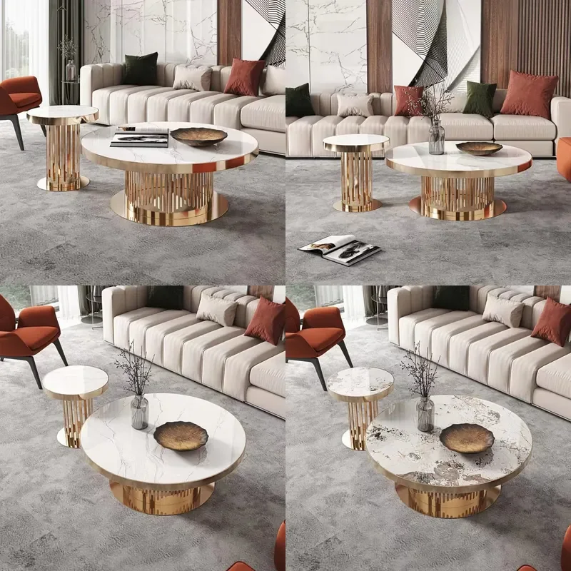 Light Luxury Rock Slab Coffee Table Round Modern Simple Italian Style for Small Apartment Creative Designer Stainless Steel