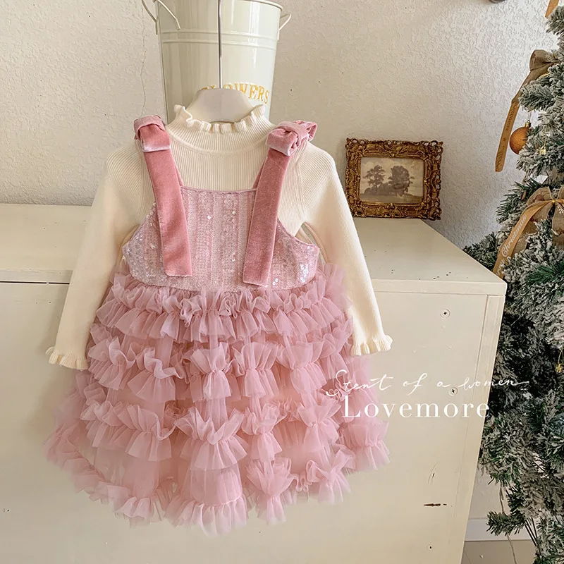 2024 Vestido de princesa de malla con lentejuelas dulces y forro polar para niña, novedad de invierno de 2024