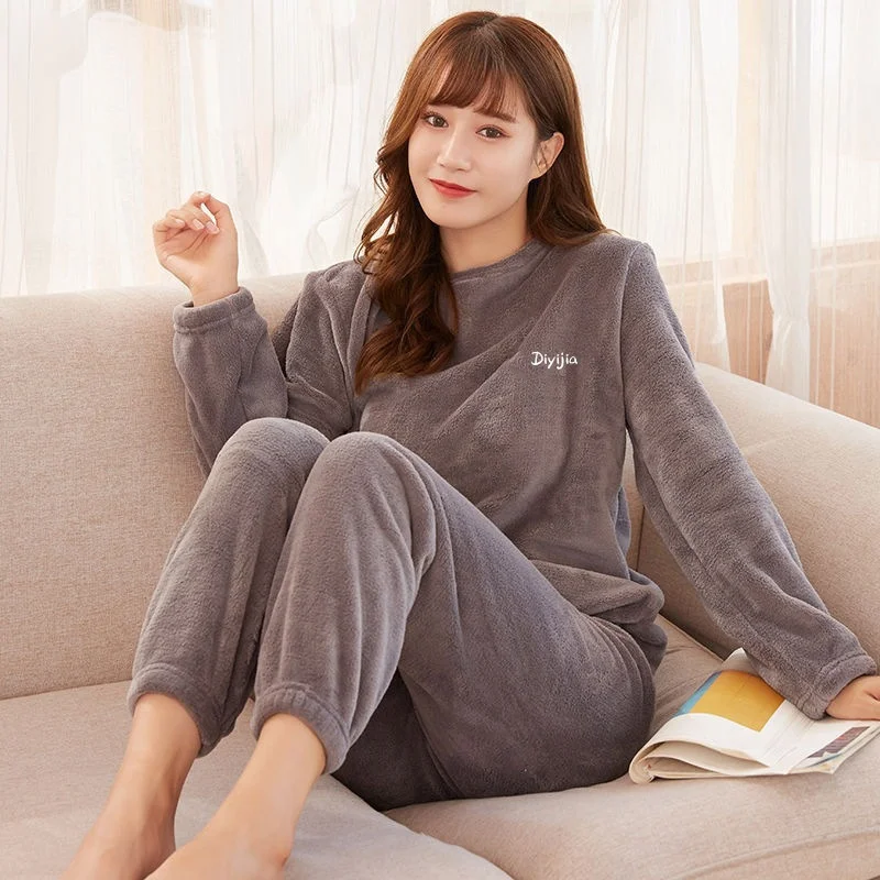 Coral Velvet Winter Warm Loungewear Solid Color Casual Outerwear Suit Women Pajama Pants Soft Nightwear Pink Fleece Sleepwear