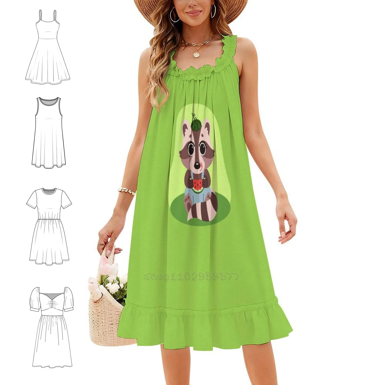 Cute Raccoon Eats Watermelon With A Piece Of Watermelon Boho Chic Dress Elegant Fashion Beach Wedding Party Gown Cute Animals