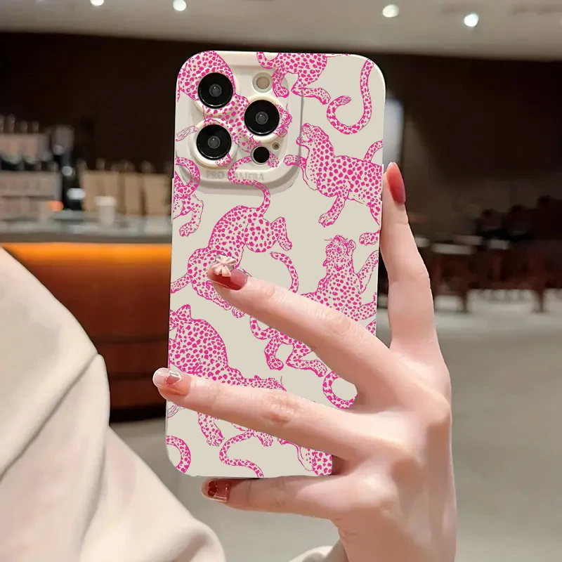 Pink Leopard Print Pattern Phone Case For iPhone 16 15 Pro Max 14 13 12 11 XS XR 7 8 Plus SE 2020 Shockproof Soft Silicone Cover