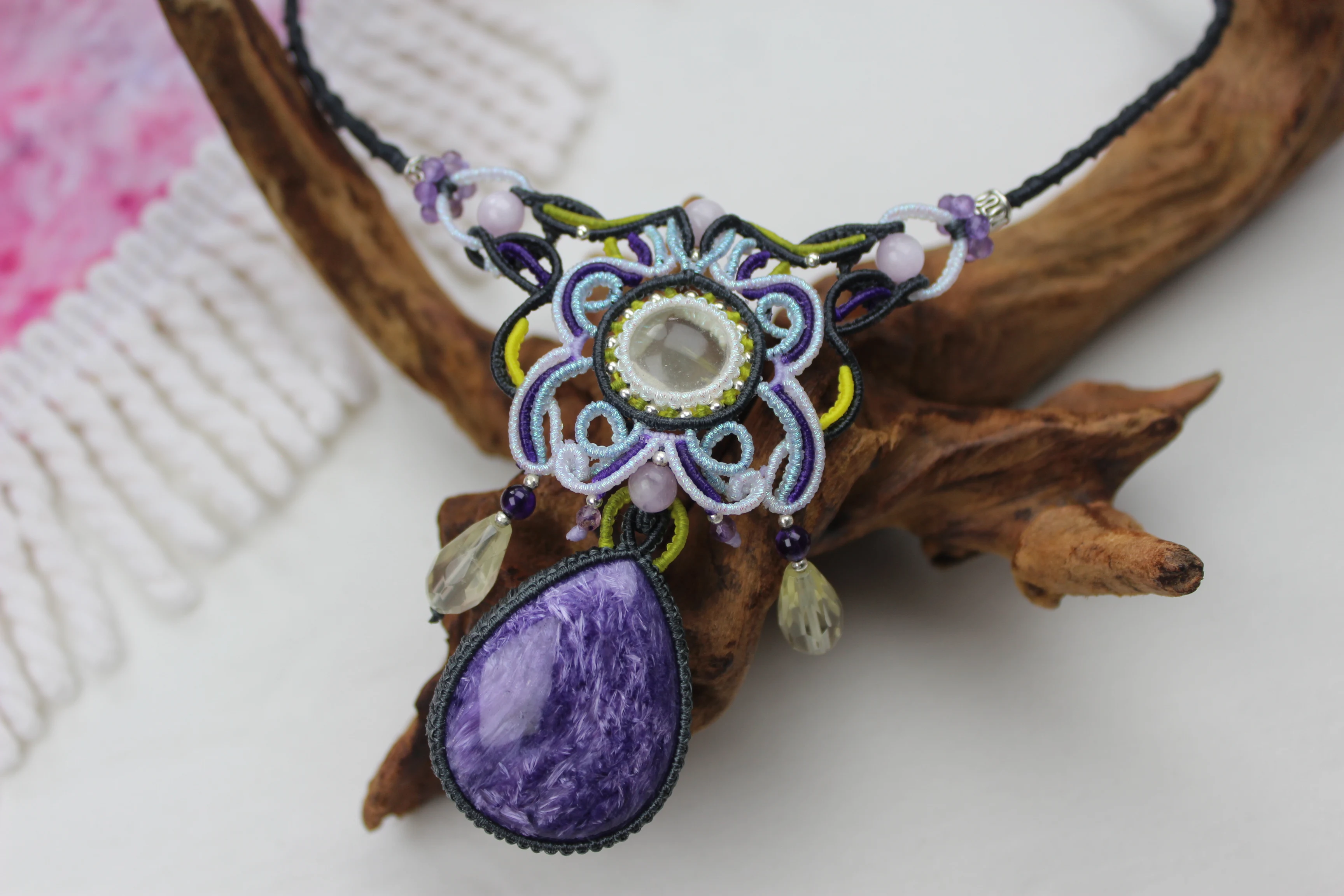 

Macrame Handmade Wax Polyster Thread Woven Charoite Natural Stone Necklace wih Lemon Crystal Exclusive Custom Design Women Gift