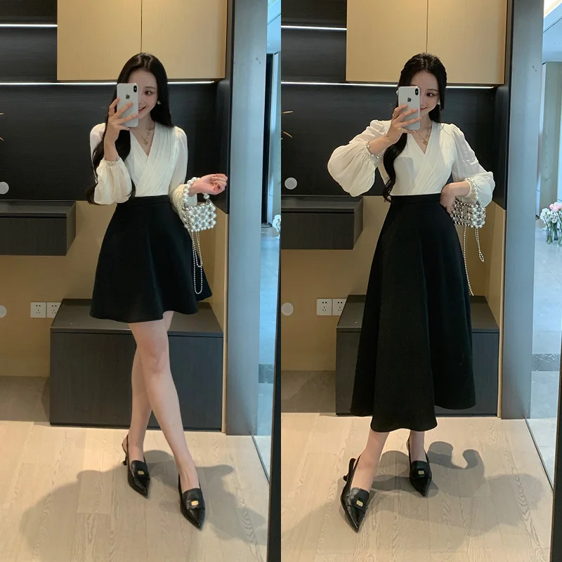 

Женское модное платье Huzhen Xin с V-образным вырезом, длинным рукавом, А-образной юбкой и эффектом утяжки талии, в весенних цветах