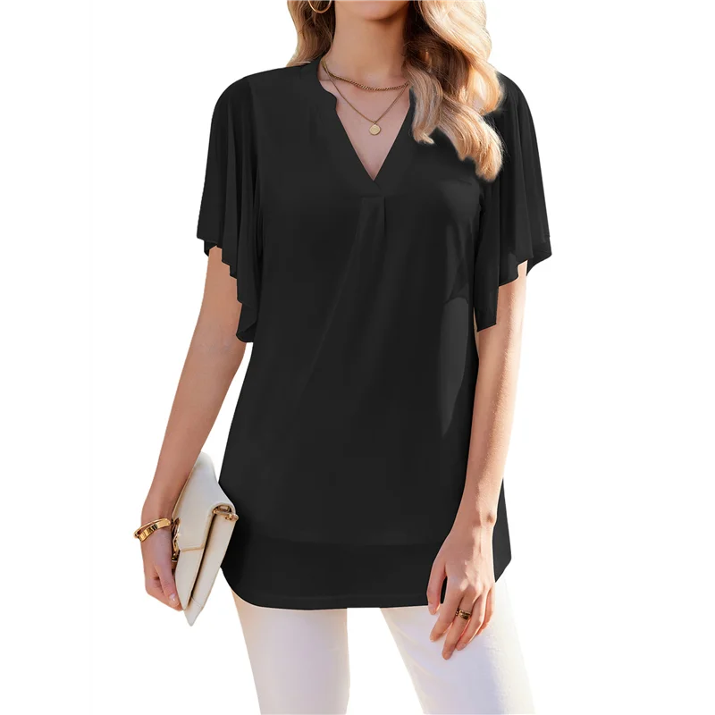 

CGS-Women's Short Sleeve V Neck Blouses Shirts Floral Double Layers Mesh Tunics Tops