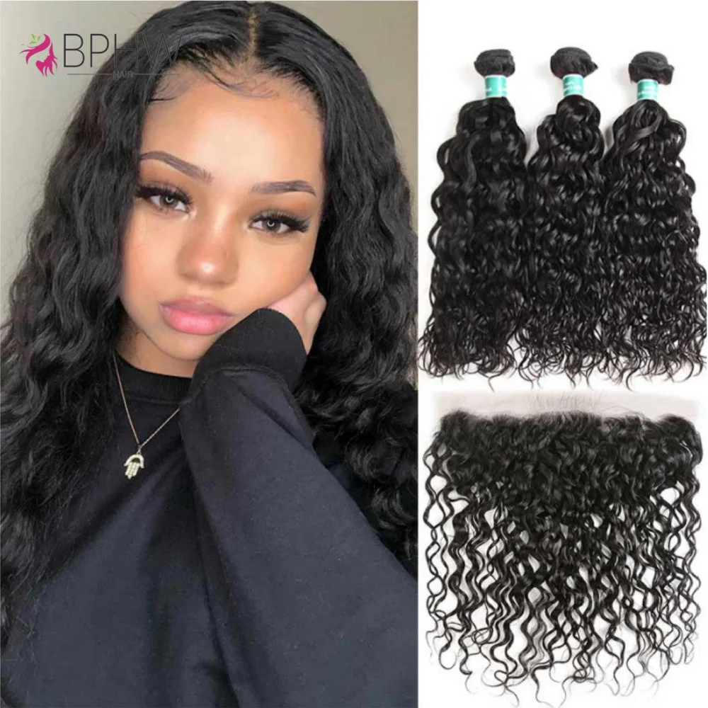 

Water Wave 100% Human Hair 3 Bundles With 13x4 Lace Frontal Hair Weave For Black Women Bundles With Closure Hair Extensions 12A