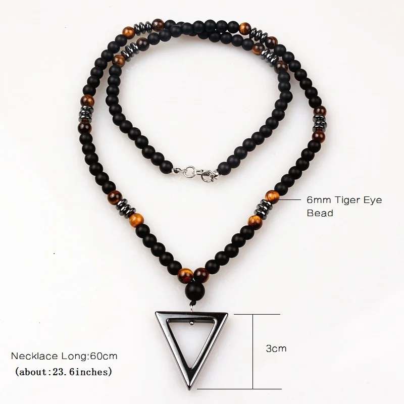 Natural Stone Bead Necklace for Men,Tiger Eye Bead Hematite Triangle Pendants Necklace