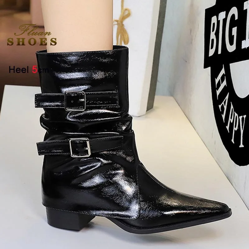 الخريف قبعات رعاة البقر الغربية أحذية النساء كعب خشن الجلود مشبك الأحذية المتوسطة موضة الأسود 5 سنتيمتر عالية الكعب فارس الأحذية أحذية الحفلات #4