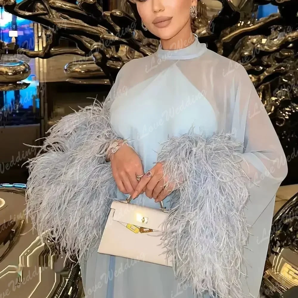 Robe de bal élégante en mousseline de soie, col haut, manches longues avec plumes, robe de soirée formelle pour mariage, robe de soirée saoudienne personnalisée