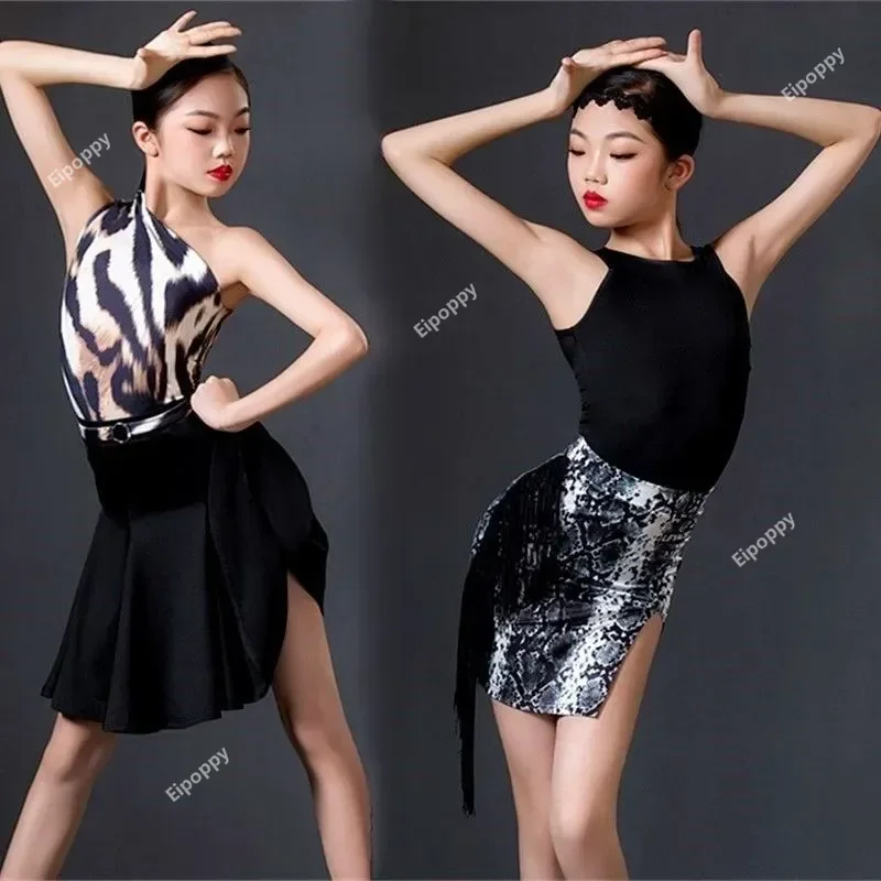 New Children Latin Dance Dress Exercise Clothing Performance Competition Rules Clothing Girls Costume Latin Skirts Leopard Print