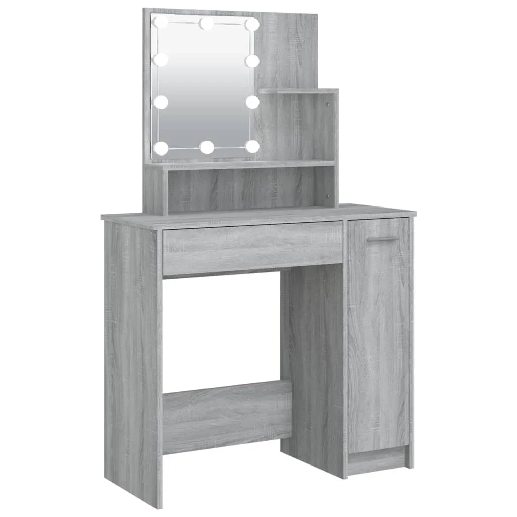 Table avec LED Sonoma gris 86,5x35x136 cm, meuble de rangement moderne pour chambre à coucher de fille, vanité de maquillage