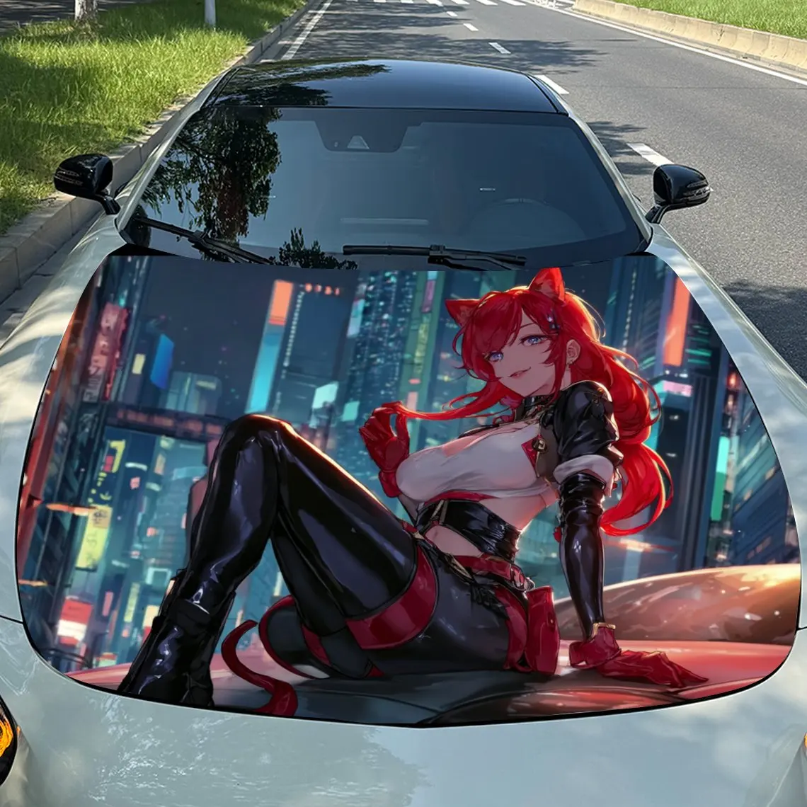 

Виниловая пленка для автомобиля Cyber Red Cat Girl, водонепроницаемая наклейка на капот автомобиля из материала ПВХ, самоклеящиеся устойчивые к царапинам наклейки для двигателя