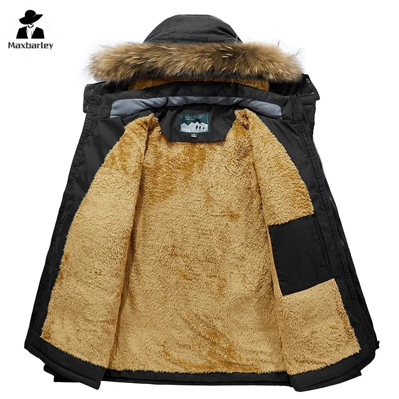 Inverno algodão-acolchoado masculino de alta qualidade meados de comprimento acolchoado pele à prova de frio com capuz parka terno de esqui ao ar livre bolso jaqueta grossa 6xl