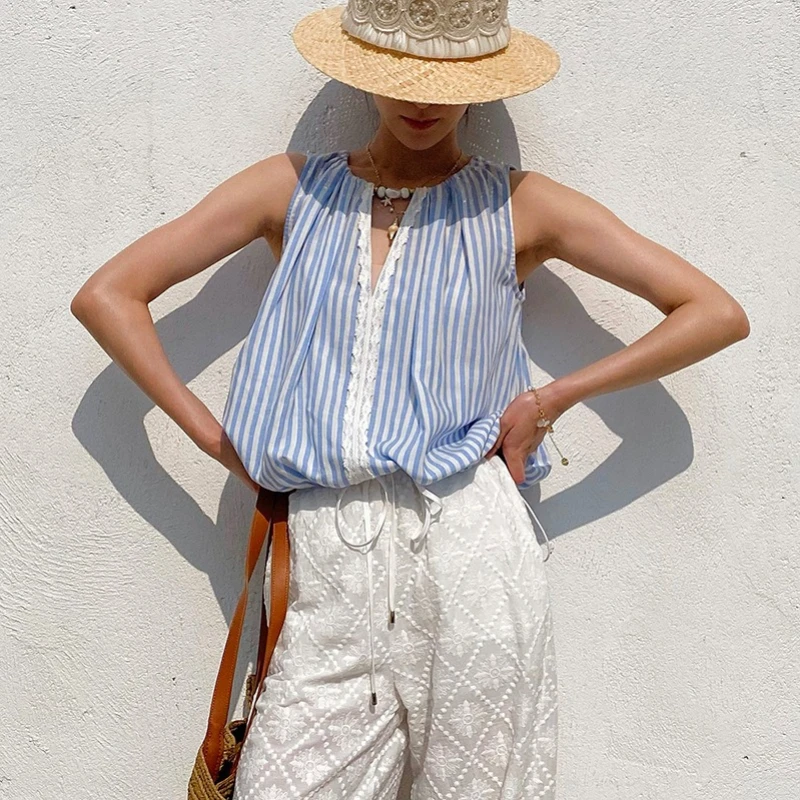 

Женская льняная майка с V-образным вырезом, сине-белая в полоску, повседневная летняя блузка без рукавов, топ для отдыха на курорте