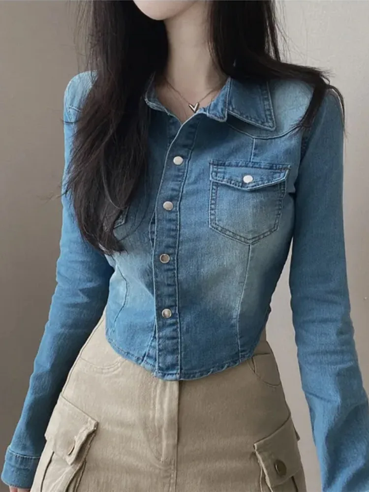 Chic Vintage Single-Button  Collar Slim Fit Short Denim Shirt Jacket Women's Fashion Commute Style Cotton Long Sleeve