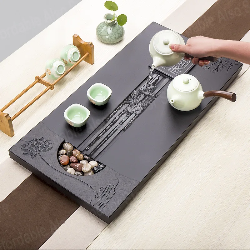 Heavy stone tea tray weighted table water draining function serving trays for kungfu set tea boat lotus carve