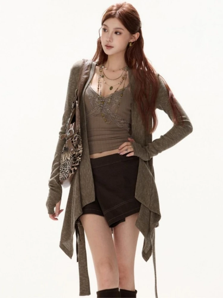 

2025 Harajuku Fairy Two Piece Sets Y2k Aesthetic Irregular Grunge Cardigan + Sexy Lace Patchwork Vest Female Vintage Autumn Suit
