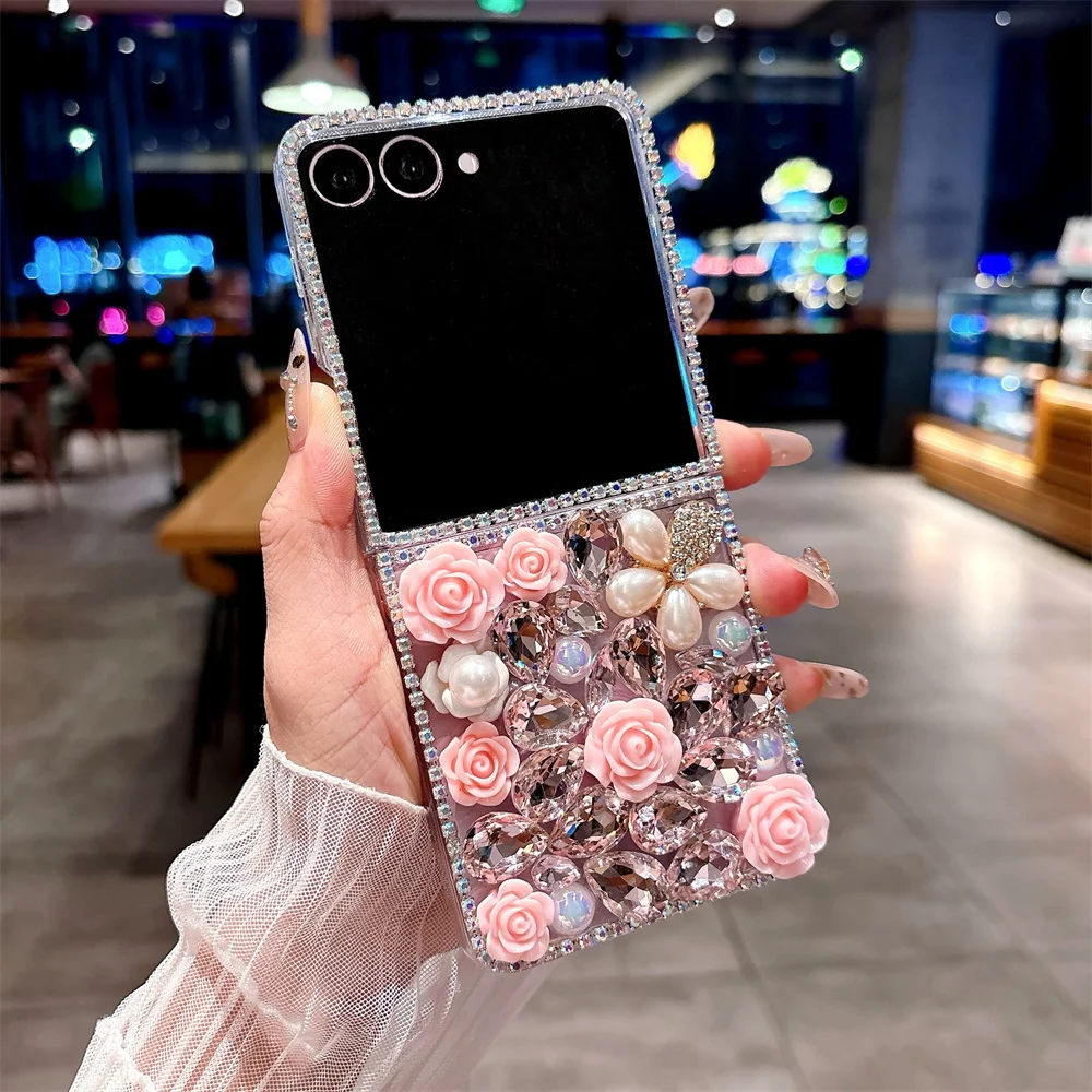 

Luxury Gems 3D Rose Flower Phone Case Suitable for Samsung Galaxy Z Flip7 6 5 Flip5 4 Flip6 Flip4 3 Cover Fashion Women's Fundas