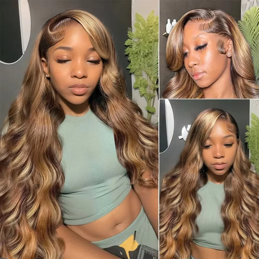 باروكة شعر مموجة 4/27 مع دانتيل أمامي عالي الدقة 13 × 4، باروكة شعر بشري مموج باللون البني العسلي، دانتيل أمامي 13 × 6 وكثافة 200