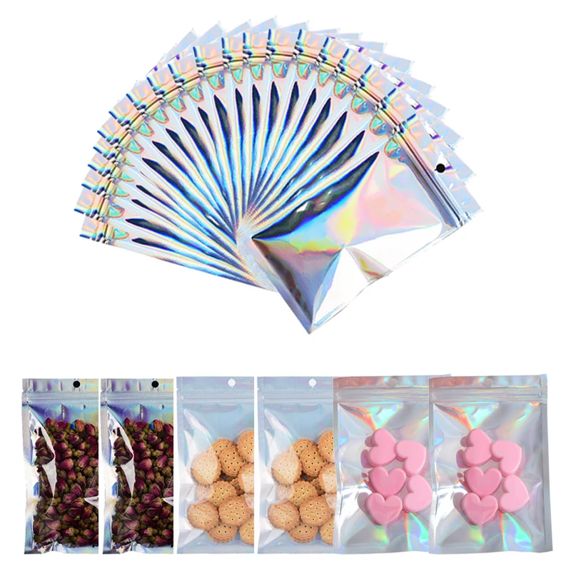 20pcs 8 Sizes Laser packaging bag Flat Bath Salt Cosmetic Bag One Side Clear Holographic Mini Aluminum Foil Zip Lock Bags Thick
