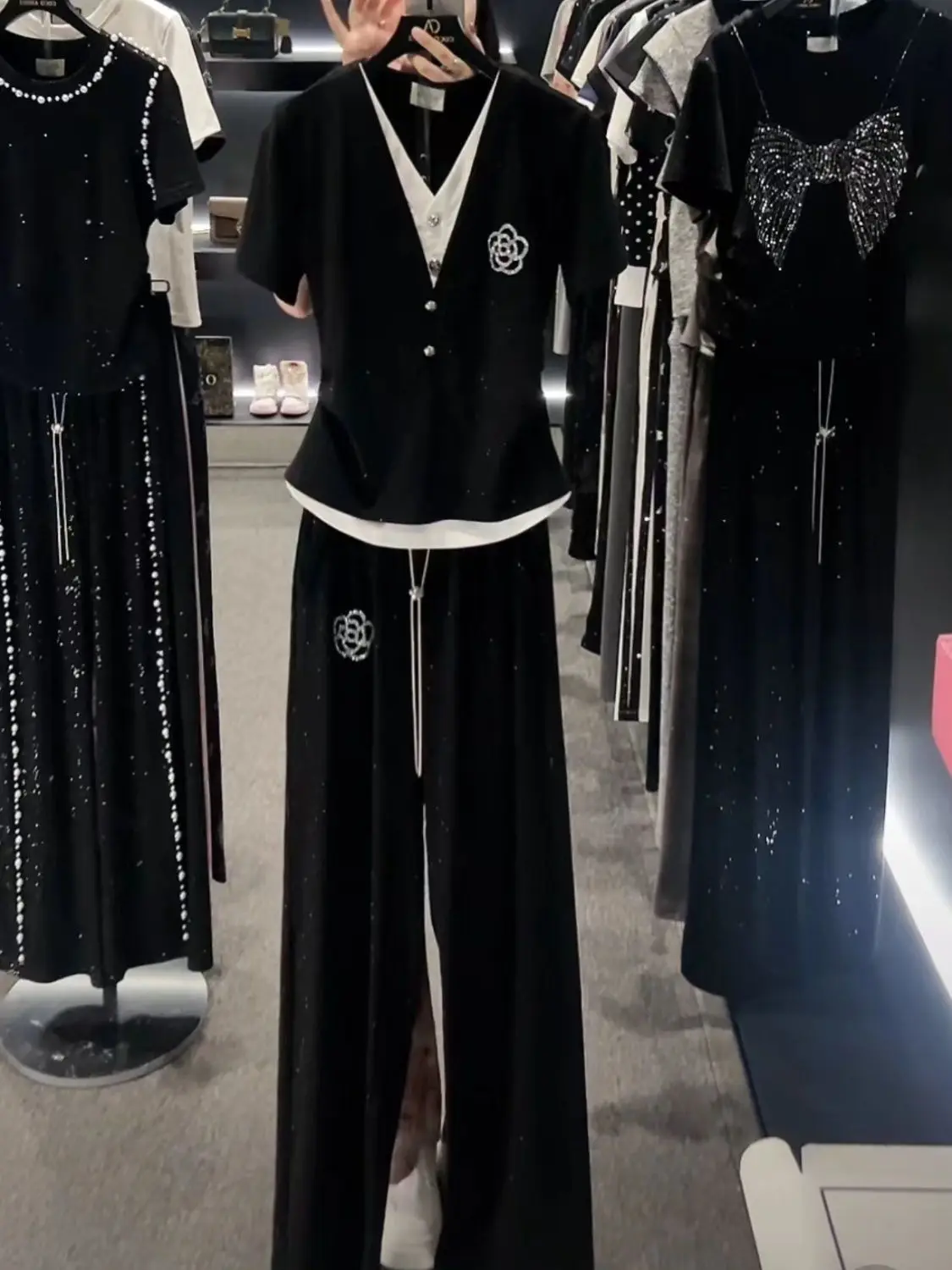 Lazer esportes terno feminino verão com decote em v manga curta topo de cintura alta calças de perna reta conjunto de duas peças