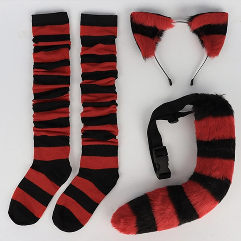 3 Pcs Cat-Costume Set Cat-Ears Headband Striped Stockings Tail for Kids-Adults