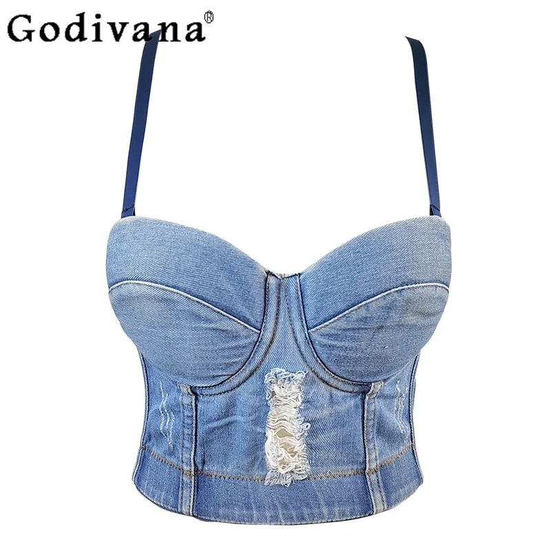 

Fishbone Steel Ring Temperament Street Short Ripped Denim Sling Vest European and American Sexy Slim Blue Fashion Versatile Top