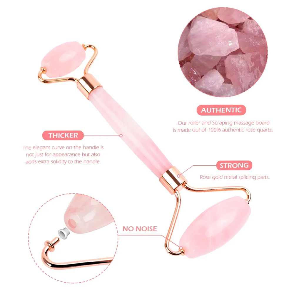 Ensemble de rouleaux en cristal pour massage du visage, kit Gua Sha de diversification naturelle, grattoir de pierre de quartz rose, masseur lifting, outils de beauté