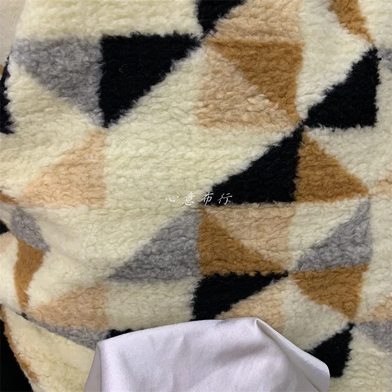 

Fabric Thickened Knitting Wool Wide150cmx100cm Autumn and Winter Yellow Colored Geometric Blocks DIY Hand-Stitched Coat Vest Bag