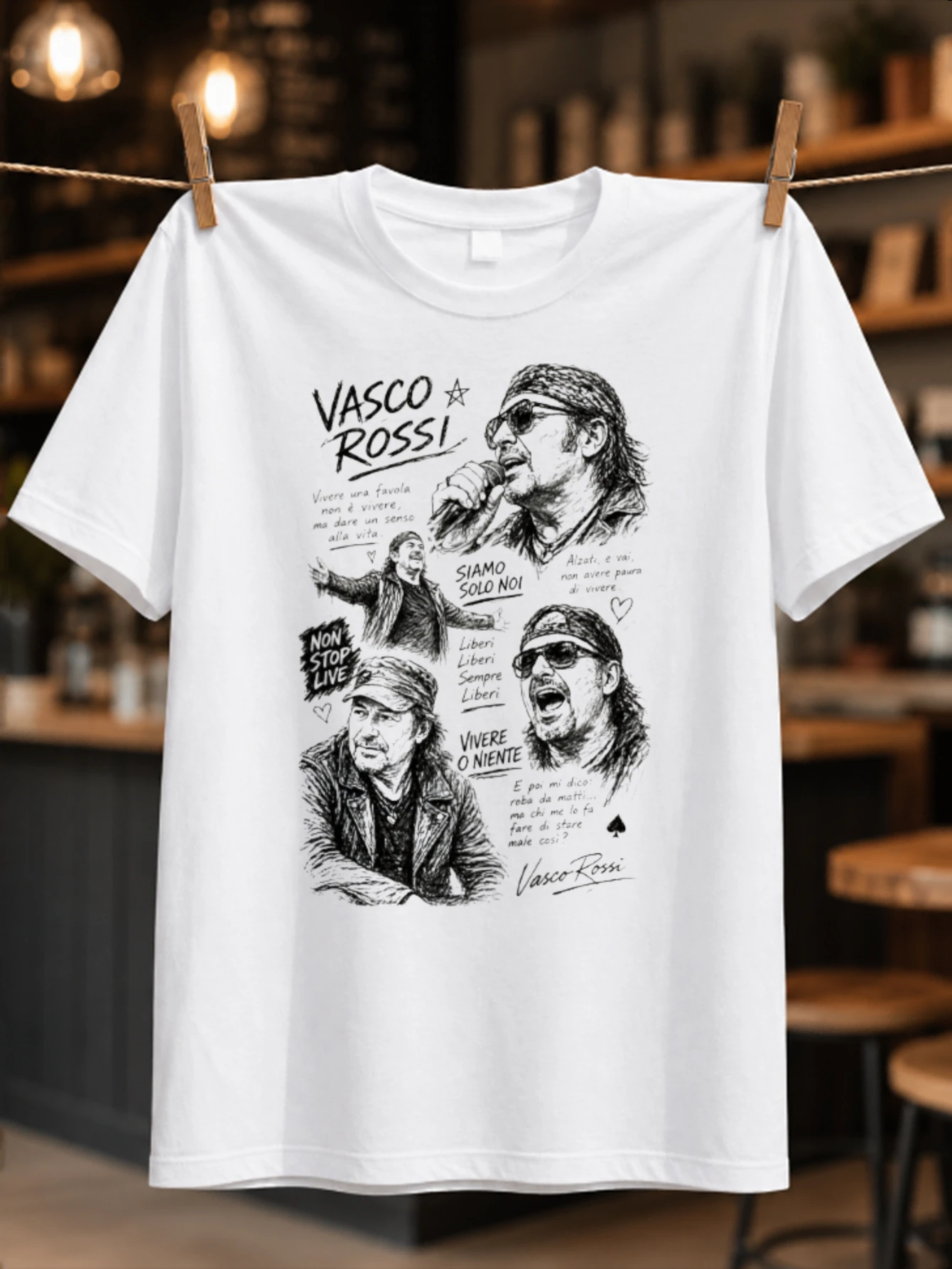 Vasco Rossi Sketch hand drawn singer collage with lyric notes and  ink concert energy Unisex All  Unisex All T-Shirt